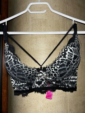 La SENZA Beyond Sexy Deep Plunge / Black and Light Blue Lace Bra 34 D NWOT